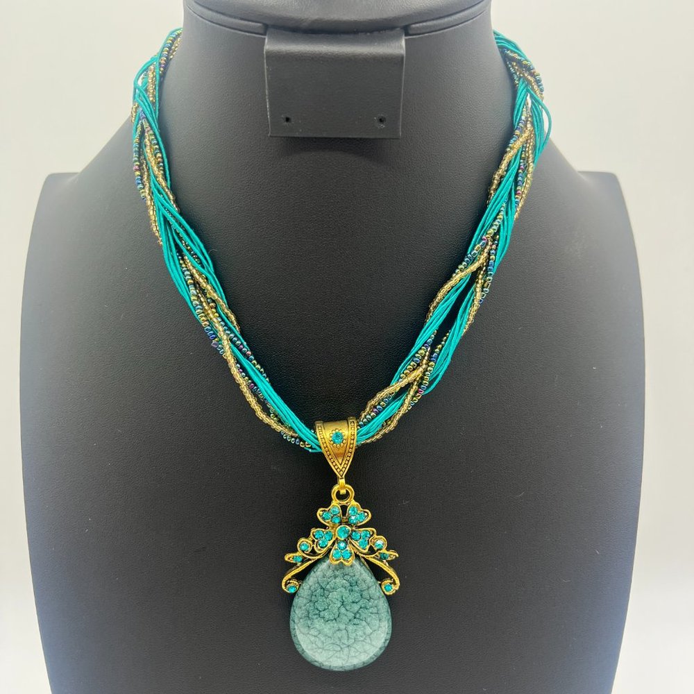 Teal & Gold Beaded Necklace w/stone pendant